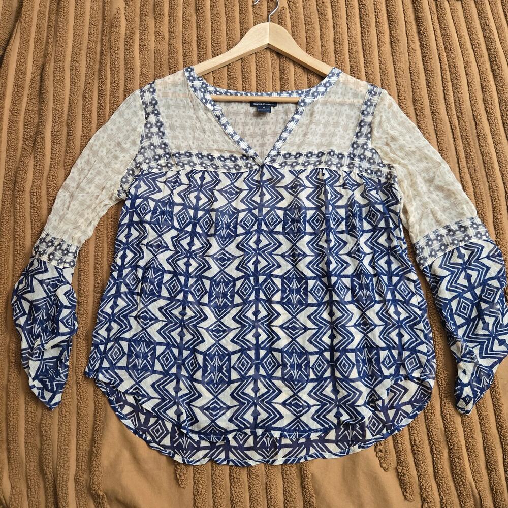 Lucky Brand Womens Boho Southwestern Tribal Print Hippie Sheer Mixed Media Top M - Picture 8 of 12